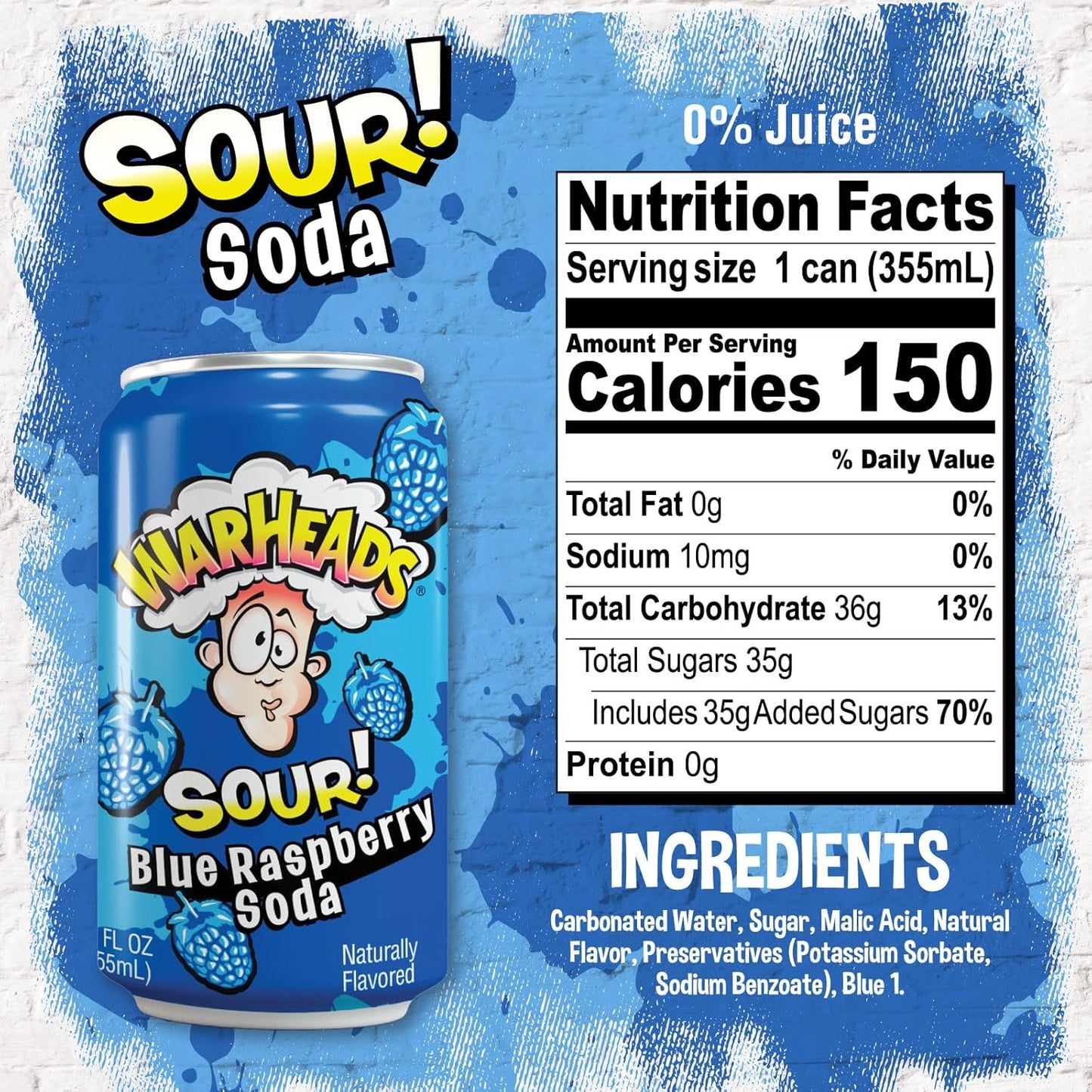 Газований напій зі смаком кислої синьої малини Warheads Sour Blue Raspberry Soda 330 мл